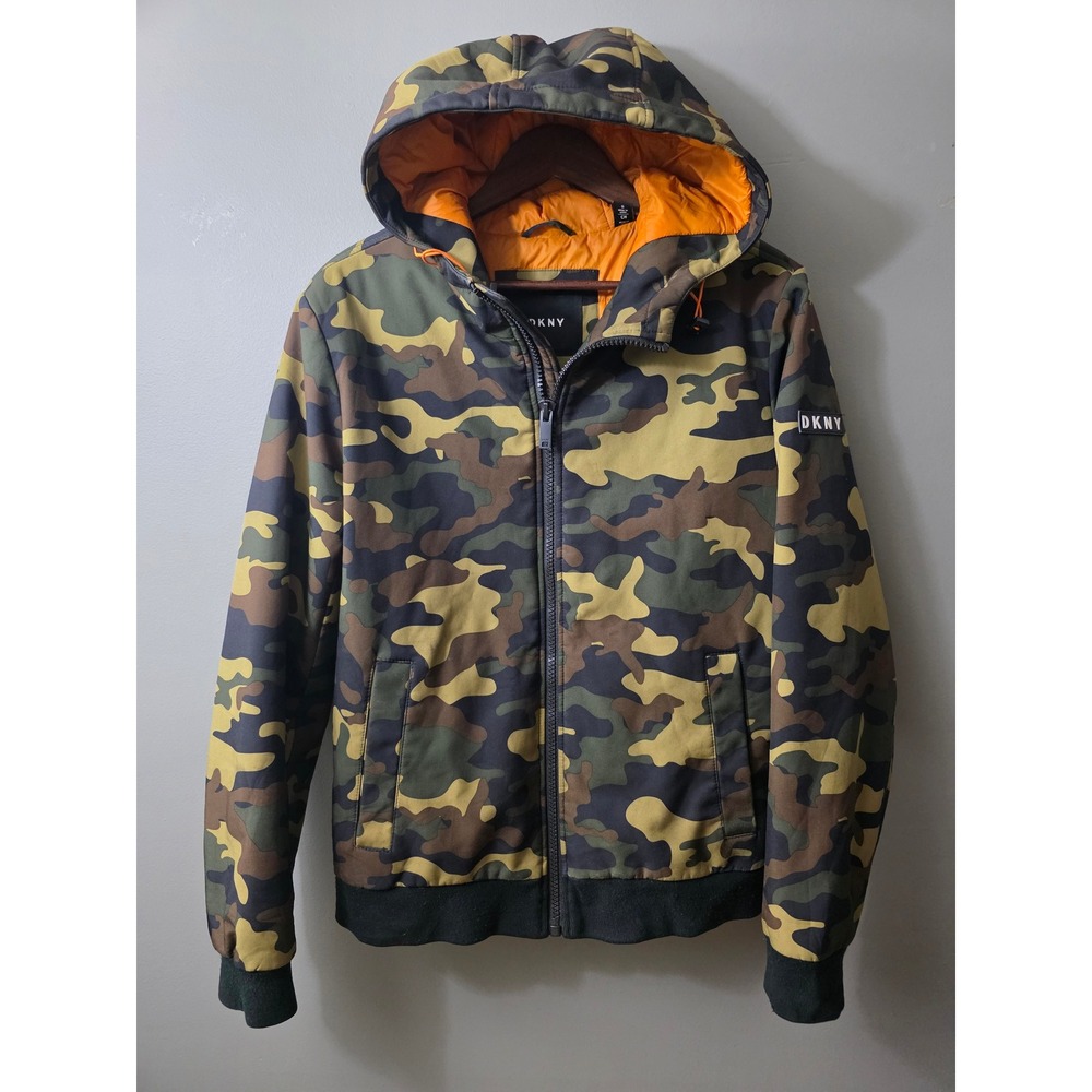 DKNY Mens Camo Hooded Bomber Jacket Orange Quilted Lining DX9MP883 Small